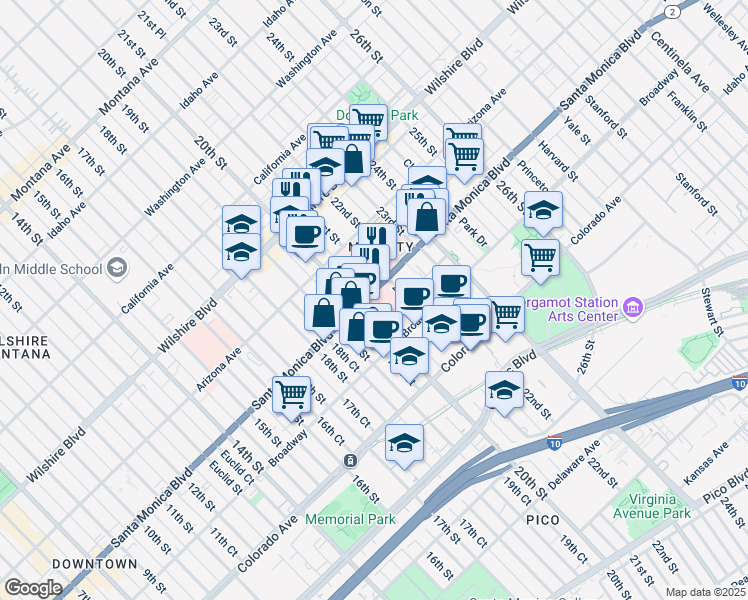 map of restaurants, bars, coffee shops, grocery stores, and more near 2020 Santa Monica Boulevard in Santa Monica
