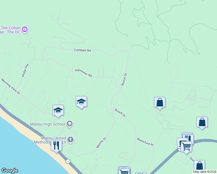 map of restaurants, bars, coffee shops, grocery stores, and more near 29600 Harvester Road in Malibu