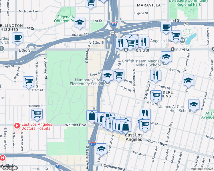 map of restaurants, bars, coffee shops, grocery stores, and more near 500 South Humphreys Avenue in Los Angeles