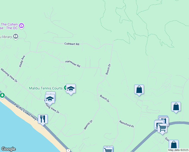 map of restaurants, bars, coffee shops, grocery stores, and more near 29660 Harvester Road in Malibu
