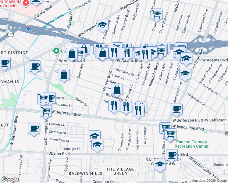 map of restaurants, bars, coffee shops, grocery stores, and more near Smiley Drive in Los Angeles