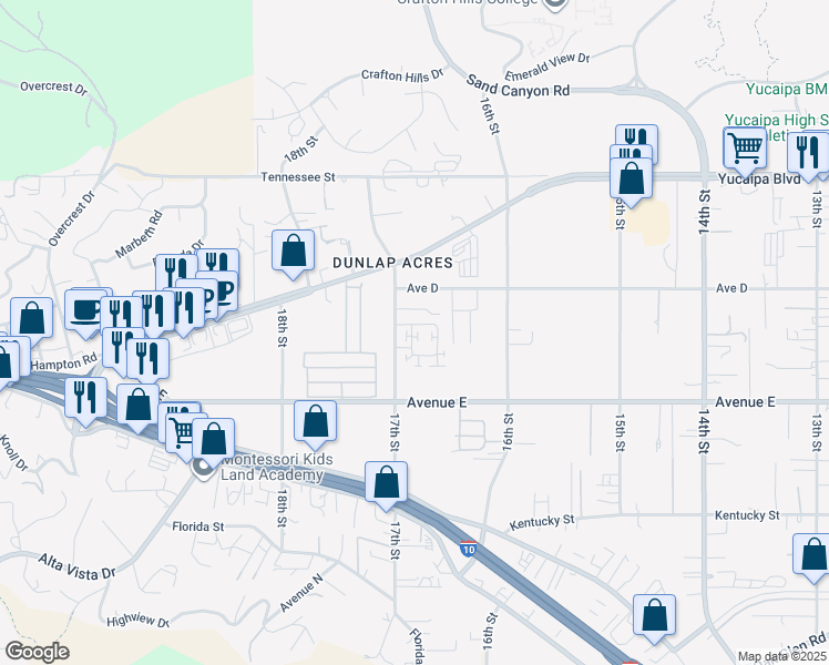 map of restaurants, bars, coffee shops, grocery stores, and more near 12341 Rembrandt Way in Yucaipa