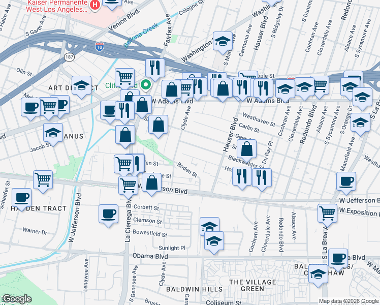 map of restaurants, bars, coffee shops, grocery stores, and more near 5608 Blackwelder Street in Los Angeles
