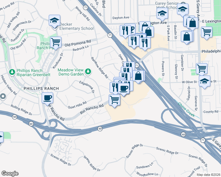 map of restaurants, bars, coffee shops, grocery stores, and more near 21 Black Oak Drive in Pomona