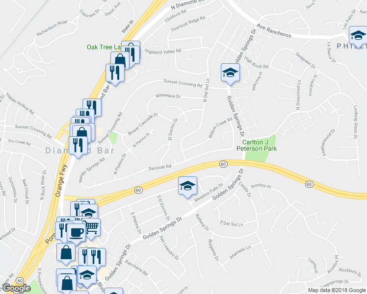map of restaurants, bars, coffee shops, grocery stores, and more near 306 North Del Sol Lane in Diamond Bar