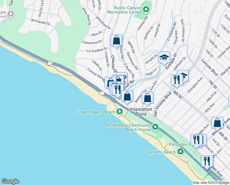 map of restaurants, bars, coffee shops, grocery stores, and more near 117 West Channel Road in Santa Monica