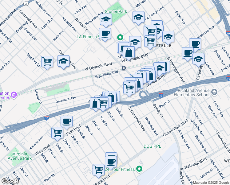 map of restaurants, bars, coffee shops, grocery stores, and more near 2304 South Carmelina Avenue in Los Angeles