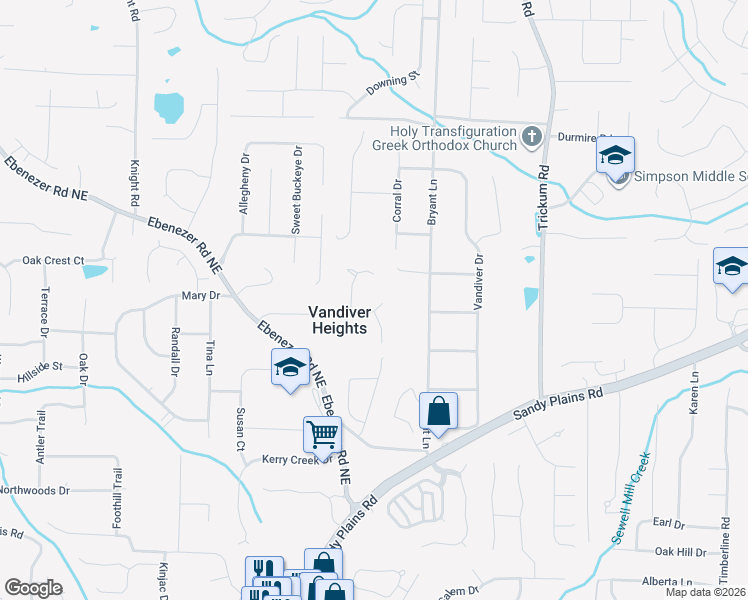 map of restaurants, bars, coffee shops, grocery stores, and more near 2151 Shadowwood Drive in Marietta
