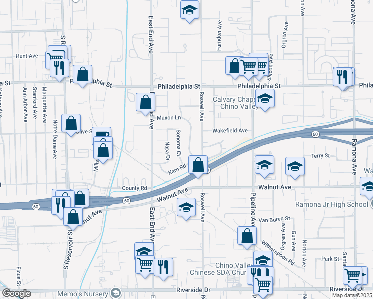 map of restaurants, bars, coffee shops, grocery stores, and more near 12336 Maxon Lane in Chino