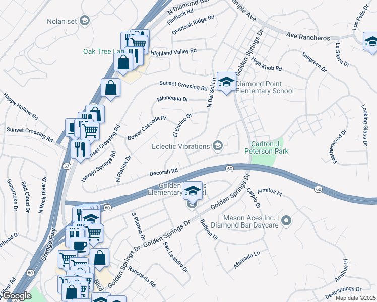map of restaurants, bars, coffee shops, grocery stores, and more near 306 North Del Sol Lane in Diamond Bar
