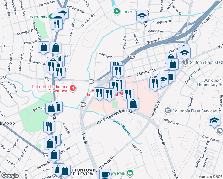 map of restaurants, bars, coffee shops, grocery stores, and more near 6 Richland Medical Park Drive in Columbia