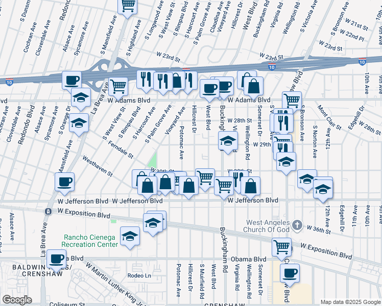 map of restaurants, bars, coffee shops, grocery stores, and more near 2917 Hillcrest Drive in Los Angeles