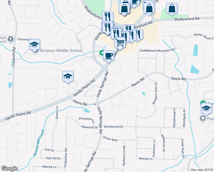 map of restaurants, bars, coffee shops, grocery stores, and more near 2860 Forest Highlands Drive in Marietta