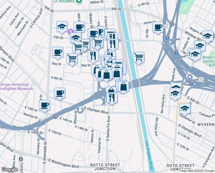 map of restaurants, bars, coffee shops, grocery stores, and more near 1237 South Santa Fe Avenue in Los Angeles