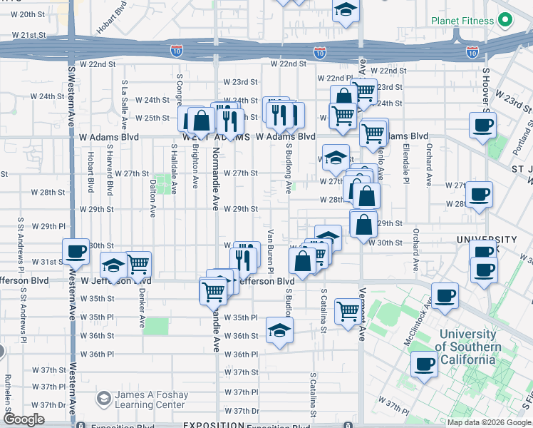 map of restaurants, bars, coffee shops, grocery stores, and more near 1588 West 29th Street in Los Angeles