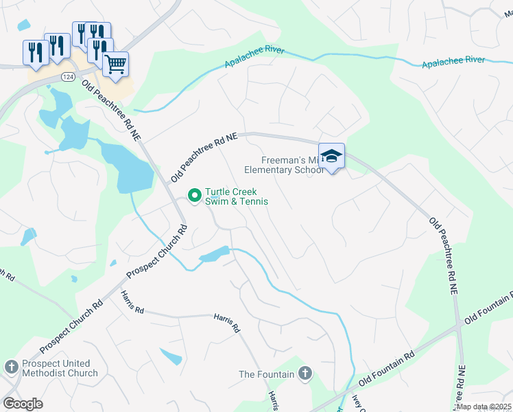 map of restaurants, bars, coffee shops, grocery stores, and more near 1550 Royale Castle Drive in Lawrenceville