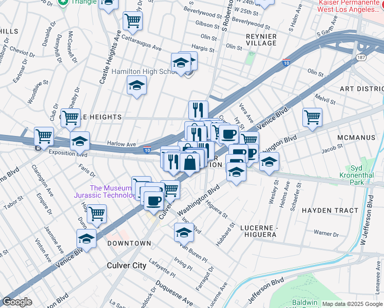 map of restaurants, bars, coffee shops, grocery stores, and more near 3383 Robertson Place in Los Angeles