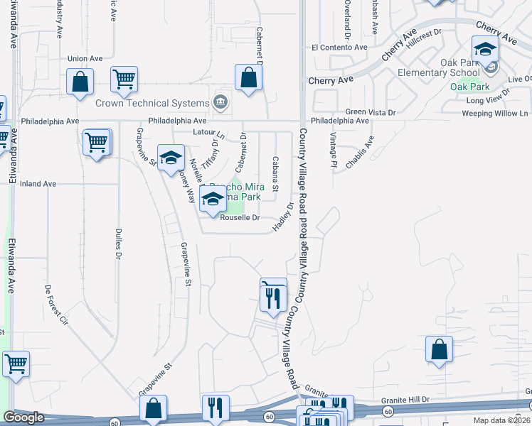 map of restaurants, bars, coffee shops, grocery stores, and more near 10283 Rouselle Drive in Jurupa Valley