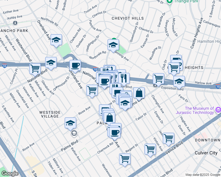 map of restaurants, bars, coffee shops, grocery stores, and more near 3328 Motor Avenue in Los Angeles