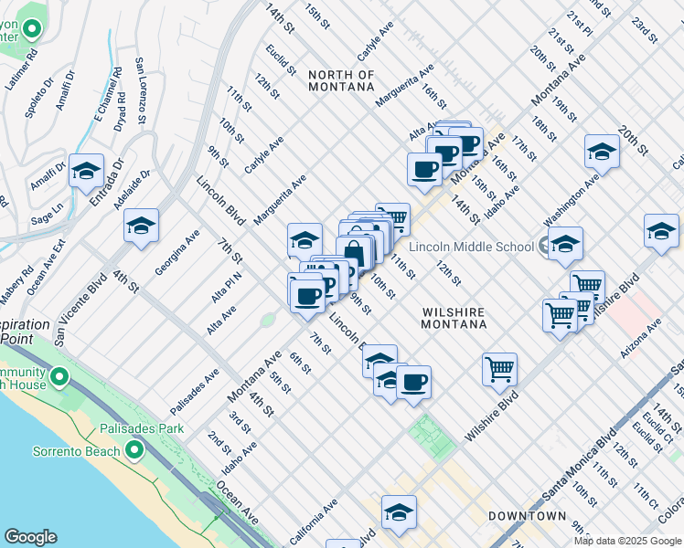 map of restaurants, bars, coffee shops, grocery stores, and more near in Santa Monica