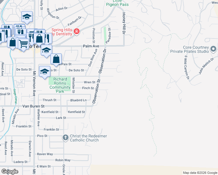 map of restaurants, bars, coffee shops, grocery stores, and more near 23010 Finch Street in Grand Terrace