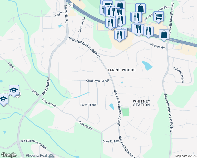 map of restaurants, bars, coffee shops, grocery stores, and more near 4716 Cheri Lynn Road Northwest in Acworth