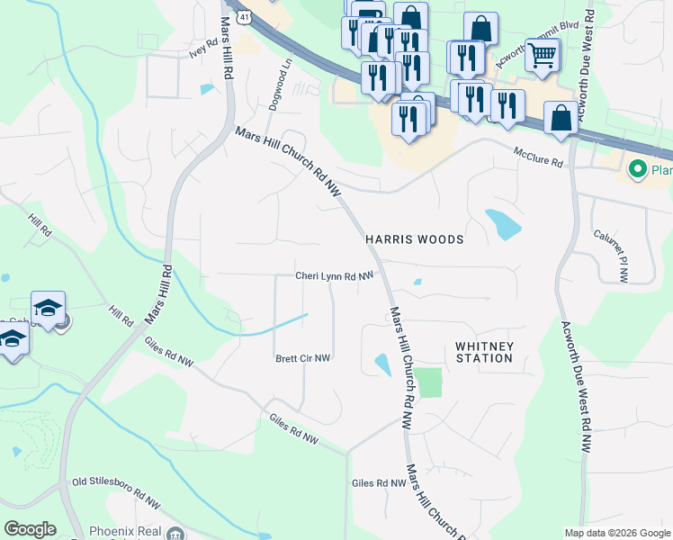 map of restaurants, bars, coffee shops, grocery stores, and more near 4716 Cheri Lynn Road Northwest in Acworth