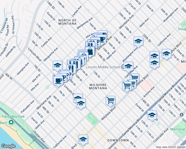 map of restaurants, bars, coffee shops, grocery stores, and more near 1118 Idaho Avenue in Santa Monica