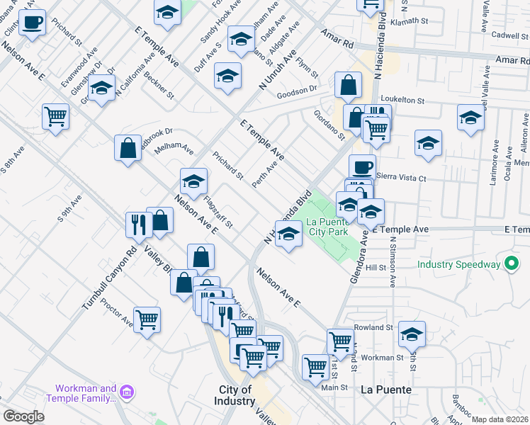 map of restaurants, bars, coffee shops, grocery stores, and more near 15409 Moccasin Street in La Puente