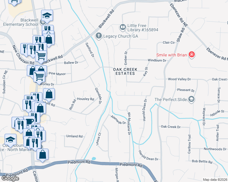 map of restaurants, bars, coffee shops, grocery stores, and more near 1452 Oak Springs Drive in Marietta