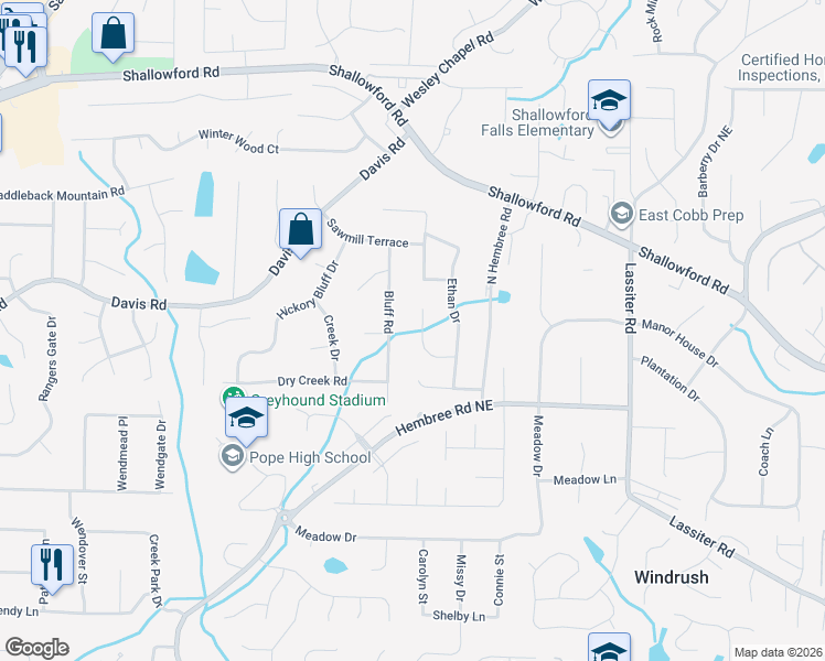 map of restaurants, bars, coffee shops, grocery stores, and more near 3265 Hembree Court in Marietta