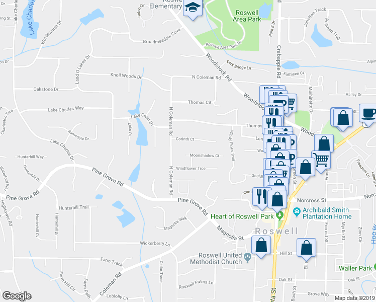 map of restaurants, bars, coffee shops, grocery stores, and more near 250 Moonshadow Court in Roswell