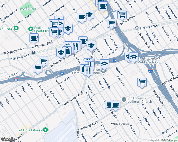 map of restaurants, bars, coffee shops, grocery stores, and more near 11674 Gateway Boulevard in Los Angeles