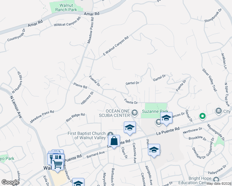 map of restaurants, bars, coffee shops, grocery stores, and more near 20358 Fuerte Drive in Walnut