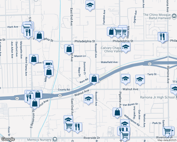 map of restaurants, bars, coffee shops, grocery stores, and more near 12336 Maxon Lane in Chino