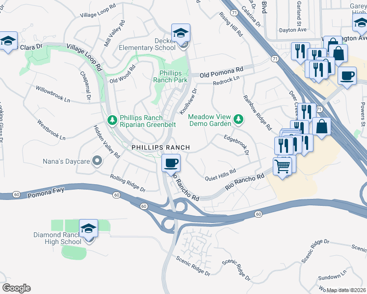 map of restaurants, bars, coffee shops, grocery stores, and more near 7 Canyon Rim Road in Pomona