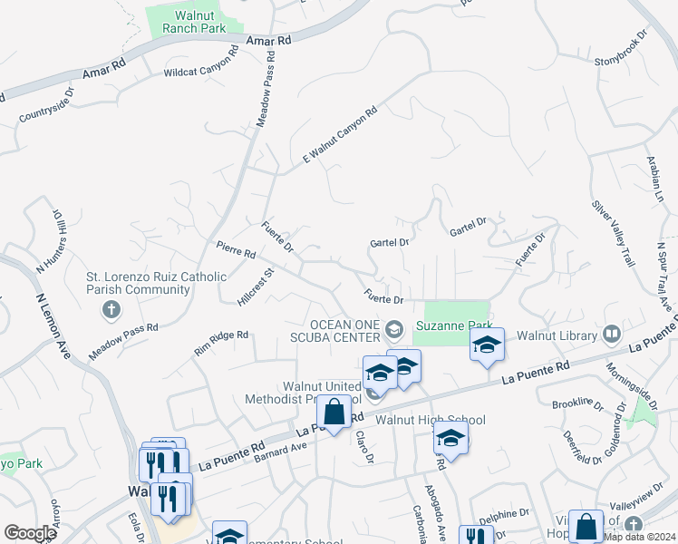 map of restaurants, bars, coffee shops, grocery stores, and more near 750 Pierre Road in Walnut