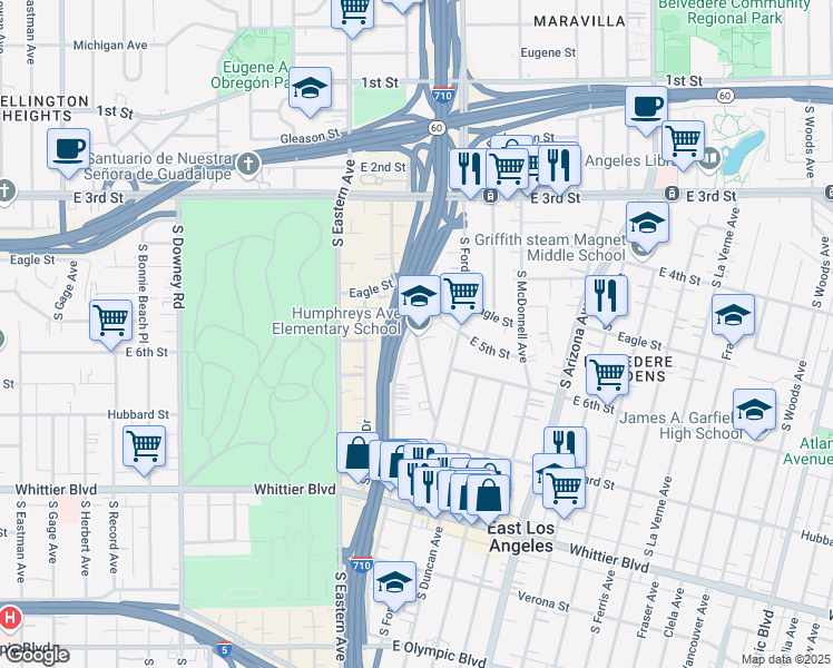 map of restaurants, bars, coffee shops, grocery stores, and more near 505 South Humphreys Avenue in East Los Angeles