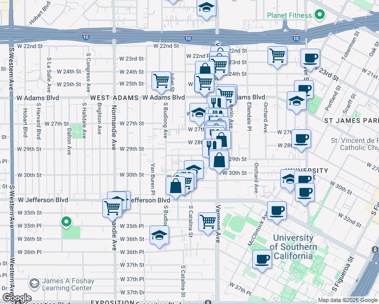 map of restaurants, bars, coffee shops, grocery stores, and more near 1495 West 29th Street in Los Angeles