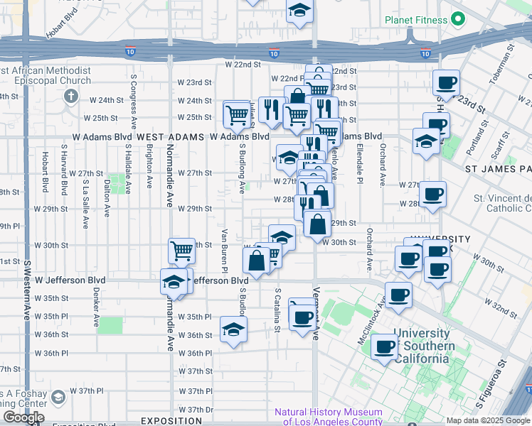 map of restaurants, bars, coffee shops, grocery stores, and more near 1495 West 29th Street in Los Angeles
