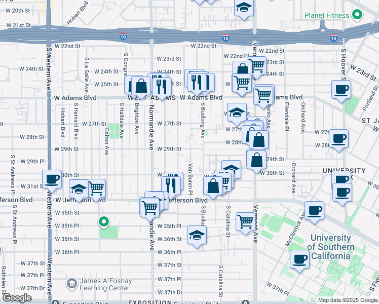 map of restaurants, bars, coffee shops, grocery stores, and more near 1588 West 29th Street in Los Angeles