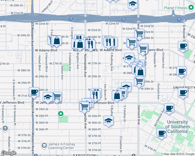 map of restaurants, bars, coffee shops, grocery stores, and more near 1650 West 29th Street in Los Angeles
