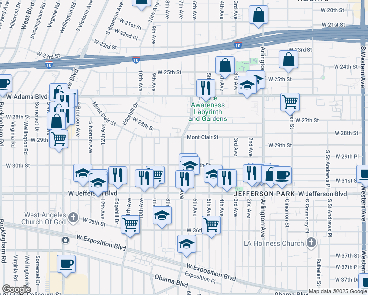map of restaurants, bars, coffee shops, grocery stores, and more near 2820 7th Avenue in Los Angeles