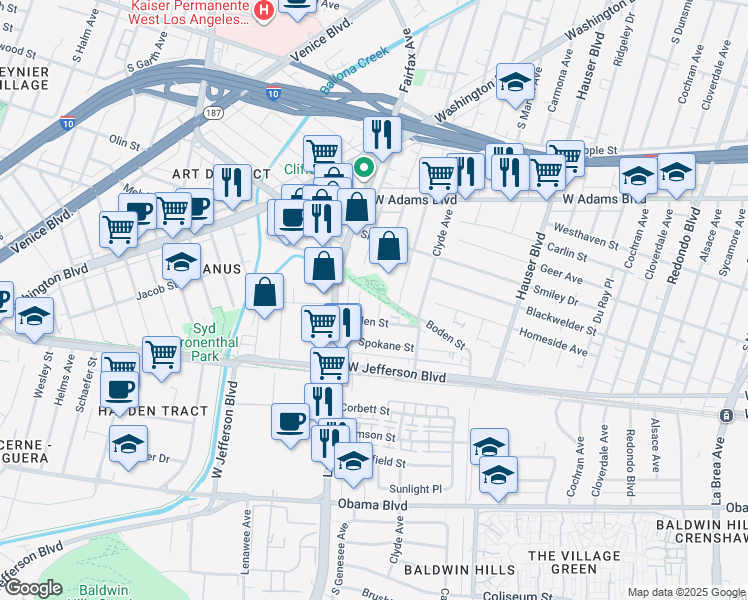 map of restaurants, bars, coffee shops, grocery stores, and more near 2907 South Genesee Avenue in Los Angeles