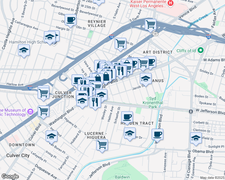map of restaurants, bars, coffee shops, grocery stores, and more near 3331 Caroline Avenue in Culver City