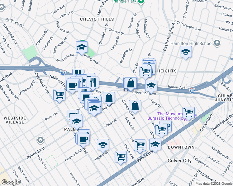map of restaurants, bars, coffee shops, grocery stores, and more near 10100 National Boulevard in Los Angeles