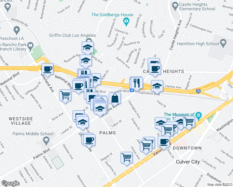 map of restaurants, bars, coffee shops, grocery stores, and more near 10150 National Boulevard in Los Angeles