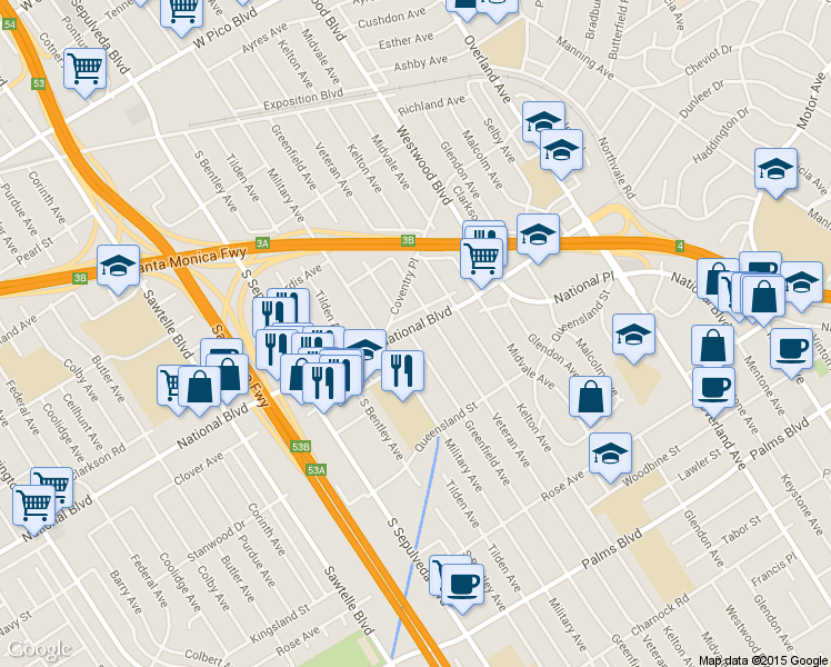 map of restaurants, bars, coffee shops, grocery stores, and more near 10930 National Boulevard in Los Angeles