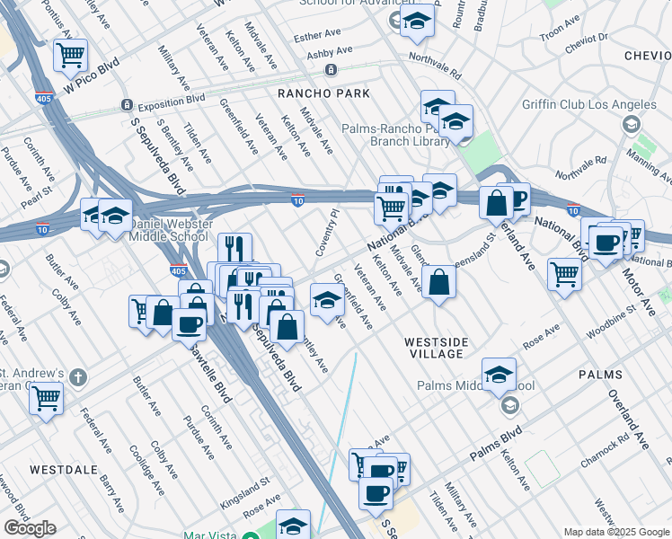 map of restaurants, bars, coffee shops, grocery stores, and more near 10977 National Boulevard in Los Angeles