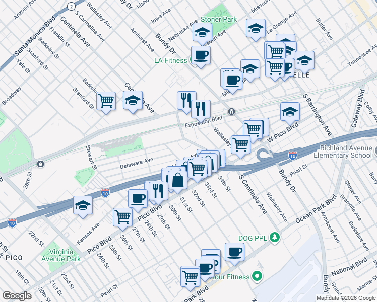 map of restaurants, bars, coffee shops, grocery stores, and more near 3330 Delaware Avenue in Santa Monica